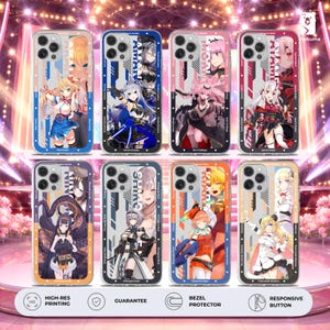 May include: A collection of clear phone cases featuring anime-style character illustrations. Each case has a unique design with vibrant colors, text, and a protective bezel. The cases are designed for high-res printing and have responsive buttons.