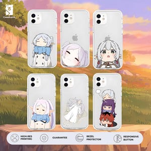 May include: Clear phone cases with anime-style character designs. Each case features a different character with unique hairstyles and outfits. The cases are displayed on a wooden surface with a colorful sunset background. The cases have the text "HIGH-RES PRINTING", "GUARANTEE", "BEZEL PROTECTOR", and "RESPONSIVE BUTTON".