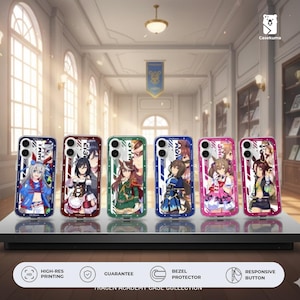 May include: Six phone cases with anime character illustrations are displayed. Each case has a different coloured border. The cases are on a reflective surface. The bottom text indicates features such as high-res printing and bezel protection.