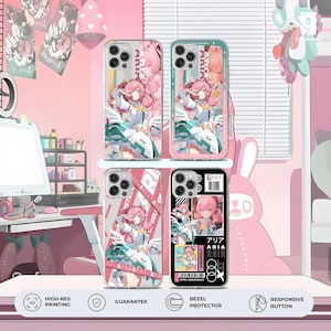 Könnte beinhalten: Vier Handyhüllen mit Anime-Charakterdesigns. Die Hüllen zeigen ein pinkhaariges Mädchen in verschiedenen Posen, mit Text wie "ARIA" und japanischen Schriftzeichen. Die Hüllen haben einen transparenten, weißen und schwarzen Hintergrund.