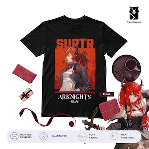 May include: Black t-shirt with a red and orange graphic of a character with red hair and horns. The word "SURTR" is above the graphic, and "ARKNIGHTS" is below. The shirt also has the text "Front" on it.