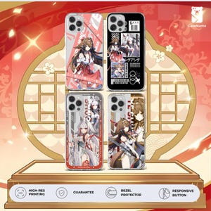 May include: Four phone cases with anime-style character designs. The cases feature various characters in dynamic poses, with vibrant colours and detailed artwork. Text includes "HUNT", "SHOU", "KTT YUNKUI", and "VOID HUNTER". The cases are displayed on a decorative stand.