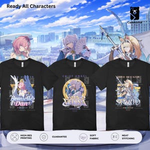 Peut inclure: Trois t-shirts noirs ornés d'illustrations de personnages de style anime. Le t-shirt de gauche affiche Remielle Dan, celui du centre montre Velina et celui de droite représente Sigrid de l'Azur. Chaque motif inclut le nom du personnage.