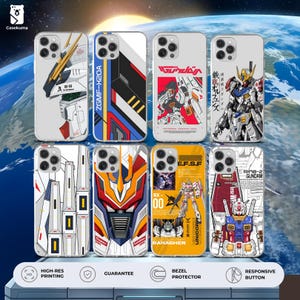 May include: A selection of phone cases with robot-themed designs. The cases showcase vibrant graphics, including text such as "ZGMF-X20A", "Gundam", and "E.F.S.F.". The cases are white with diverse robot illustrations and text.