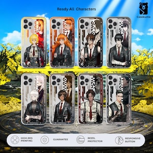 May include: Eight clear smartphone cases featuring anime-style character illustrations from Limbus Company. Each case displays a unique character in a formal uniform with vertical text accents. The top right corner features a black bear logo and Casekuma text.