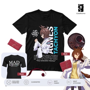 May include: Black t-shirt featuring a graphic of a character with brown hair and a white lab coat, with the text "Agnes Tachyon" and "The Unbeaten Genius". A smaller shirt with "MAD SCIENTIST" is also shown.