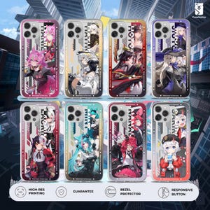 May include: A collection of phone cases featuring anime-style character illustrations. Each case has a unique design with vibrant colors and text, including the brand name "Casekuma". The cases are displayed against a cityscape backdrop.