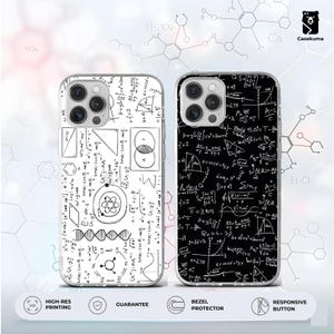 May include: Two phone cases with a science theme. One case is white with black scientific diagrams and equations. The other case is black with white scientific diagrams and equations. The cases have a clear border and are labeled with "HIGH-RES PRINTING", "GUARANTEE", "BEZEL PROTECTOR", and "RESPONSIVE BUTTON".