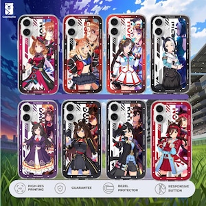 以下が含まれることがあります： アニメスタイルのキャラクターイラストが描かれた8つの携帯電話ケースのコレクション。各ケースは、赤、青、黒などの鮮やかな色を使用したユニークなデザインです。ケースには「Uma Musume」の文字とその他の日本語のテキストが記載されています。