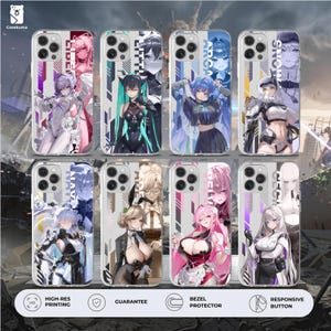 Może przedstawiać: Kolekcja przezroczystych etui na telefony z ilustracjami w stylu anime przedstawiającymi żeńskie postacie. Każde etui ma unikalny design z żywymi kolorami i tekstem. Etui są oznaczone słowami takimi jak "LIBER", "ARCA" i "SNOW".