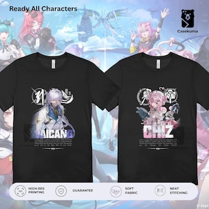 Puede incluir: Dos camisetas negras con gráficos de personajes de estilo anime. Una camiseta presenta un personaje masculino con el texto "MAICAN" y la otra muestra un personaje femenino de pelo rosa con el texto "CHIZ". Las camisetas tienen "Ready All Characters" impreso en la parte superior.