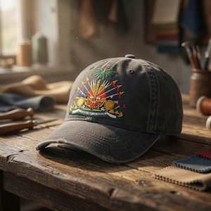 May include: A distressed gray baseball cap featuring an embroidered emblem with a palm tree, flags, and text. The cap sits on a wooden surface with sewing tools and fabric swatches. The emblem includes the text "L'UNION FAIT LA FORCE".