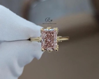 3 CT Pink Radiant Cut CZ Engagement Ring | Six-Prong Art Deco Design | Pink Center Stone | Pave Side Stones
