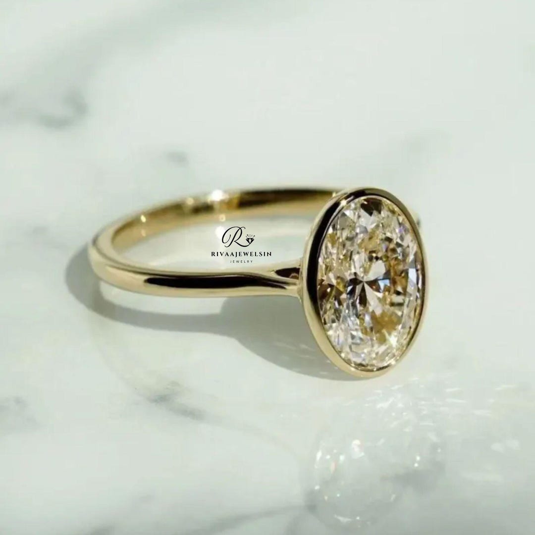 2 CT Oval Cut Moissanite Engagement Ring | Bezel Set Solitaire | 14K ...