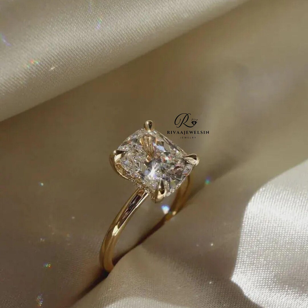 2 CT Cushion Cut Moissanite Solitaire Engagement Ring | Rose / White ...
