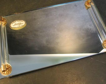 Vintage Mirror Vanity Dresser Tray with Glass Handles