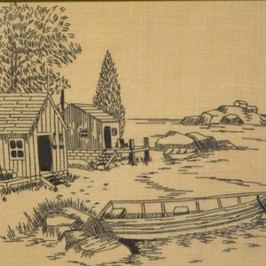 Vintage Framed Embroidery Waterfront Cabin Boat