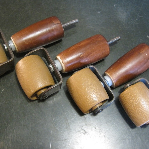 Four Mid Century Wooden Short Stubby Furniture Legs with Casters