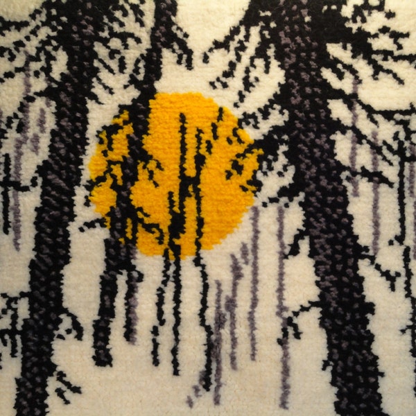 Vintage Retro 70's Latch Hook Needlework Wall Hanging Rug-Rya Style Texture-Trees Sun-Modern Cabin-White Yellow Black Gray