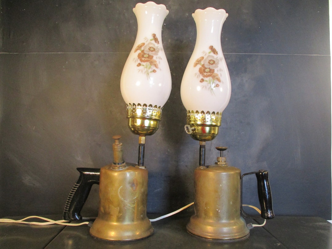 Pair of Vintage Blow Torch Lampsmilk Glass Shades Etsy
