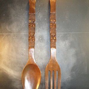 Large Vintage Wooden Fork and Spoon Tiki