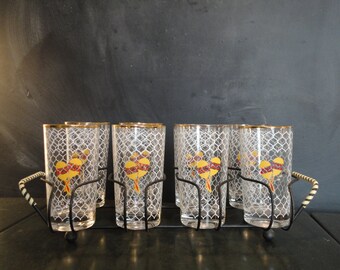 Vintage Set of Eight Highball Glasses in Metal Carrier Caddy Rack-Mexican Mariachi