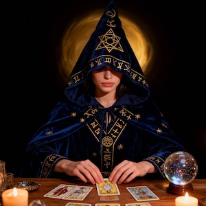 May include: A person wearing a dark blue velvet hooded cloak with gold embroidered symbols and a star design. Tarot cards are laid out on a wooden table, with a crystal ball and lit candles. The background is dark with a golden glow.