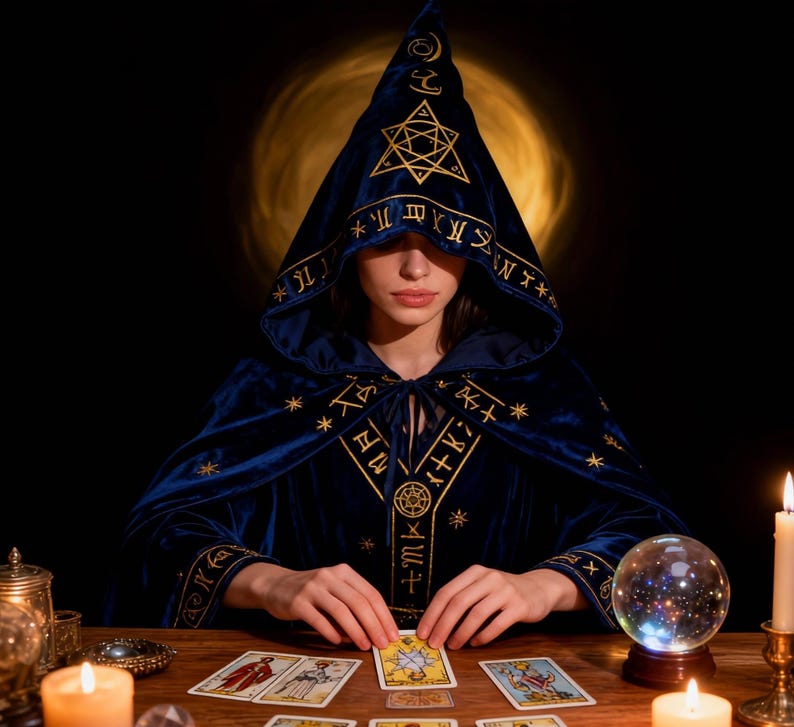 May include: A person wearing a dark blue velvet hooded cloak with gold embroidered symbols and a star design. Tarot cards are laid out on a wooden table, with a crystal ball and lit candles. The background is dark with a golden glow.