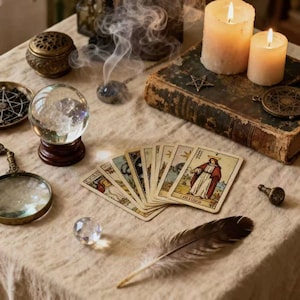 May include: A still life arrangement featuring a crystal ball, tarot cards, burning candles, and a vintage book. A magnifying glass, a decorative box, and a feather are also present, creating a mystical ambiance.