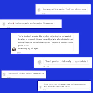 May include: A blue background with several white chat bubbles containing text. The text includes phrases like "I'm happy with the reading," "I'm about to pay for another reading," and "Thank you for this." The image conveys positive feedback.
