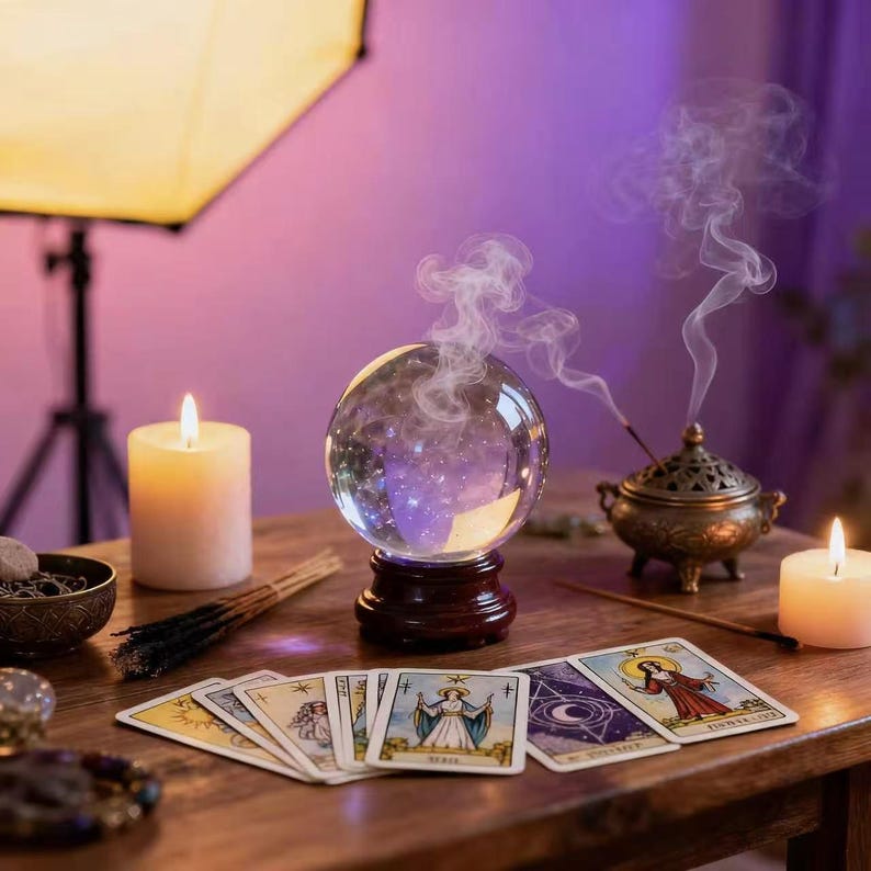 May include: A crystal ball on a wooden stand, with tarot cards, candles, and incense. The scene is set on a wooden table with a purple background. Smoke rises from the incense and the crystal ball, creating an ethereal atmosphere.
