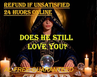 May include: A person in a dark blue hooded robe sits at a wooden table with tarot cards, candles, and a crystal ball. Text reads "DOES HE STILL LOVE YOU?" and "AL-FREE GUARANTEED". Additional text at the top reads "REFUND IF UNSATISFIED" and "24 HUORS ONLINE".