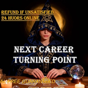 May include: A person in a dark blue hooded robe with gold embroidery is reading tarot cards. The image includes text that reads "NEXT CAREER TURNING POINT" and "REFUND IF UNSATISFIED 24 HUORS ONLINE". A crystal ball and candles are also visible.