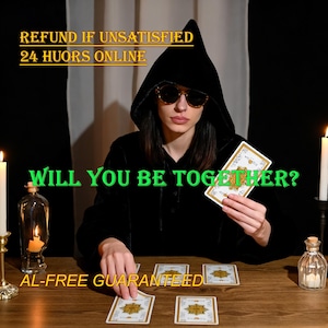 May include: A person in a black hooded cloak and sunglasses holds tarot cards. The image includes the text "REFUND IF UNSATISFIED 24 HUORS ONLINE", "WILL YOU BE TOGETHER?" and "AL-FREE GUARANTEED". Tarot cards are laid out on a wooden table.