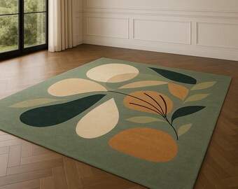Hand Tufted Abstract Botanical Rug, Modern Boho Leaf Area Carpet, Green Beige Living Room