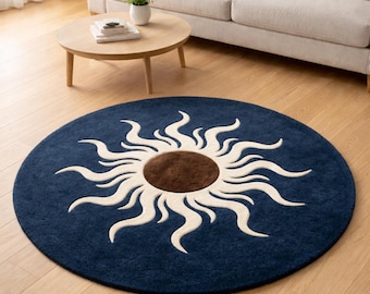 Hand Tufted Wool Sun Design Round Rug, Navy Blue Modern Carpet