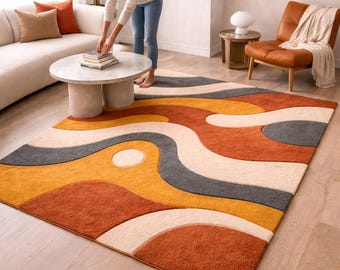Handmade Abstract Tufted Wool Blend Rug, Modern Geometric Carpet, Burnt Orange Mustard Home Decor