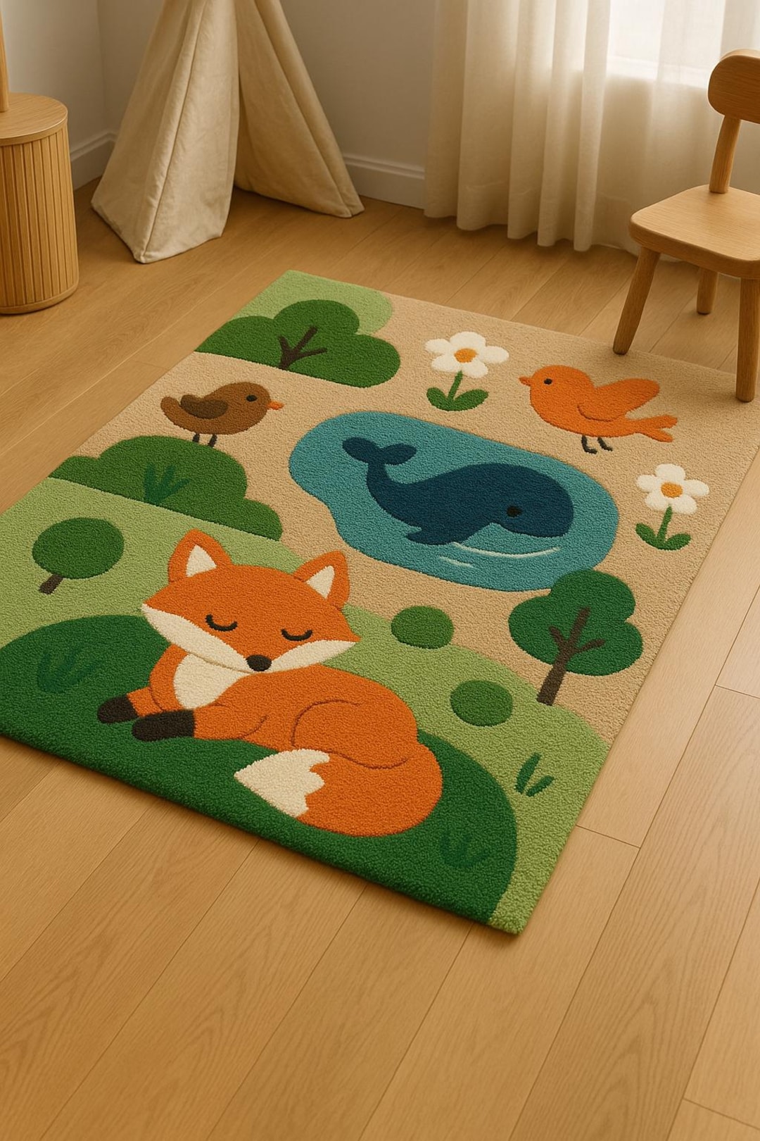 Hand Tufted Wool Woodland Animal Rug, Fox Whale Nursery Playroom Carpet ...
