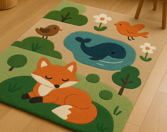 Hand Tufted Wool Woodland Animal Rug, Fox Whale Nursery Playroom Carpet