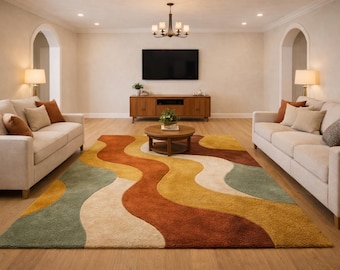 Hand Tufted Abstract Wavy Rug, Boho Earth Tone Carpet, Mustard Rust Green Beige