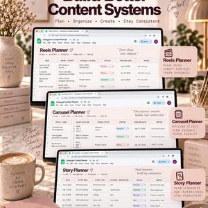 May include: A digital Instagram content planner displayed on three screens, featuring spreadsheets for Reels, Carousels, and Stories. The interface includes columns for ideas, scripts, status, and dates, with text overlays like Build Better Content Systems.