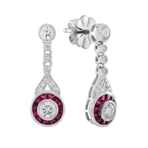 Diamond Ruby Art Deco Style Drop Earrings in 14K-18K White Gold and Platinum 950