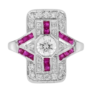 Diamond and Ruby Art Deco Style Dinner Ring in 14-18K White Gold and Platinum 950