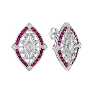 Diamond Stud Earrings | Ruby Art Deco Earrings | 18K White Gold