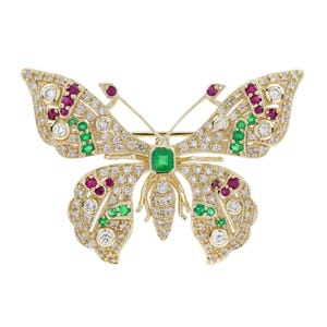 Broche Art Déco de mariposa con esmeraldas, rubíes y diamantes, oro amarillo de 9K-18K
