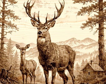Grabado en madera de una familia de ciervos, arte de vida silvestre PNG, decoración rústica de cabaña en el bosque, águila, diseño de escena natural, diseño digital imprimible, archivo láser de 10"x15".