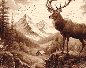 Deer Engraving Wildlife PNG Rustic Forest Wall Art Cabin Decor Eagle Nature Scene  Printable Digital Design Wood Laser File 10"x15"
