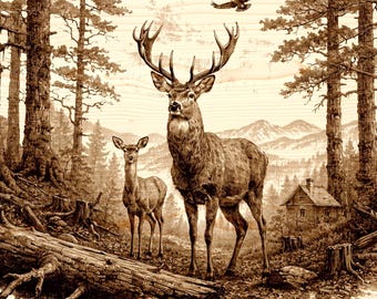 Grabado en madera de una familia de ciervos, arte de vida silvestre PNG, decoración rústica de cabaña en el bosque, águila, diseño de escena natural, diseño digital imprimible, archivo láser de 10"x15".