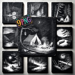 Pacchetto di incisioni su ardesia a tema vita sul lago, 9 disegni per sottobicchieri da campeggio e baita, file per incisione laser di case rustiche sul lago PNG 4100x4100px Download digitale
