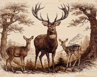 Deer Family Wood Engraving Art Wildlife PNG Rustic Forest Cabin Decor Nature Scene Printable Digital Design Laser File 10"x15"
